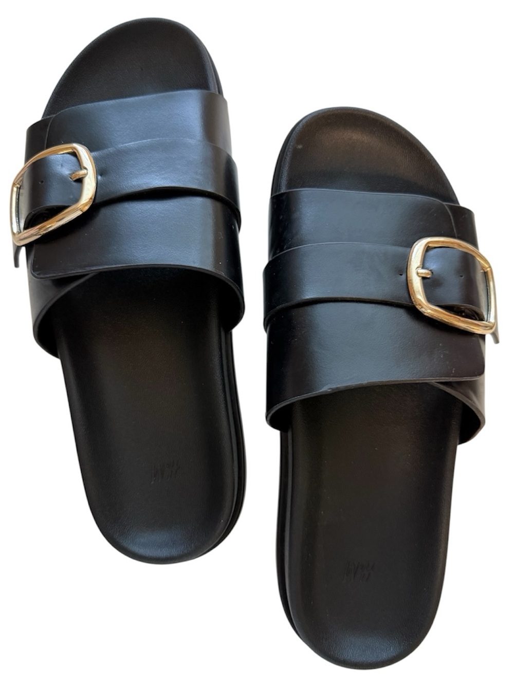 H&M Black Slide Sandals with Gold Buckle Accents